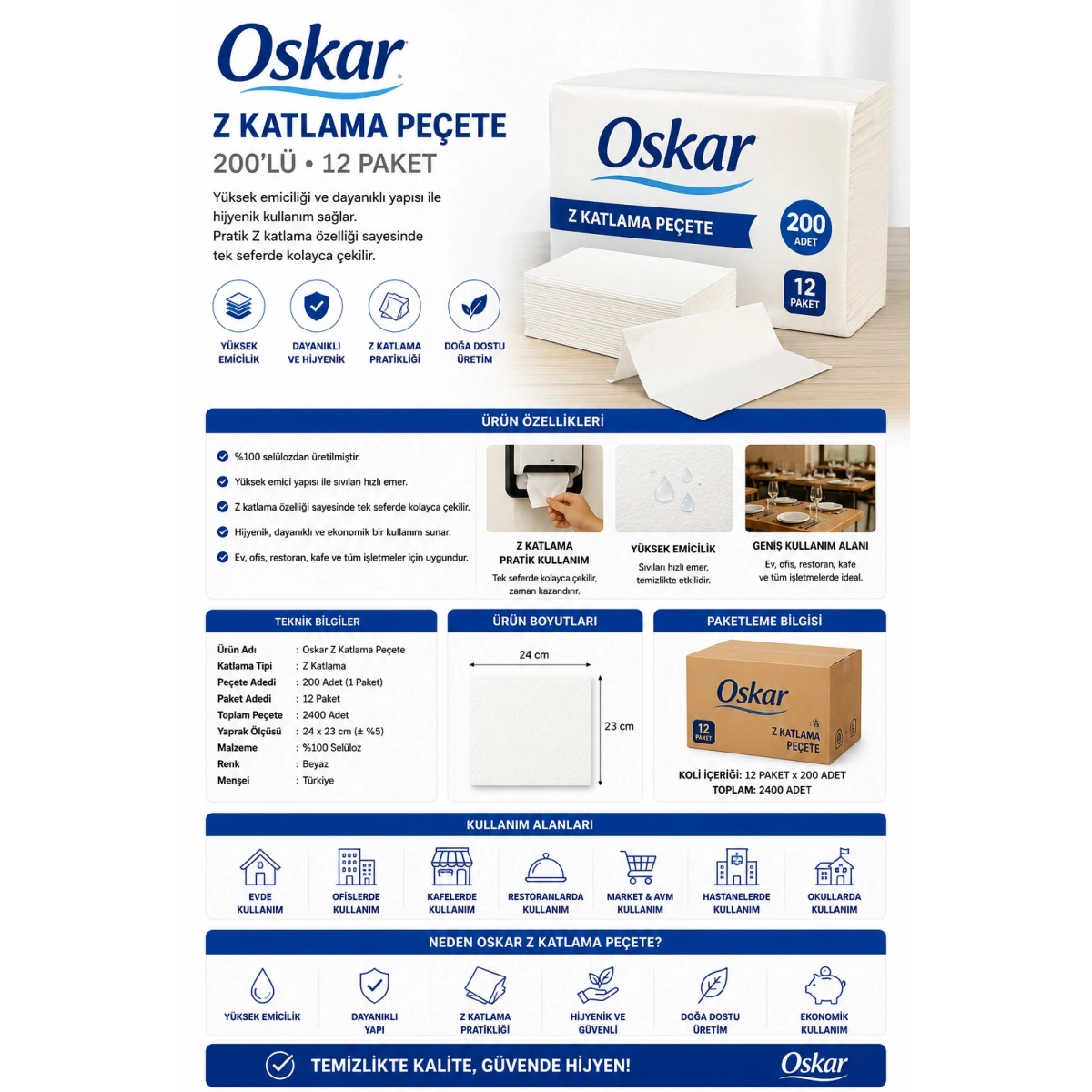 Oskar Z Katlama Peçete 200lü 12 Paket