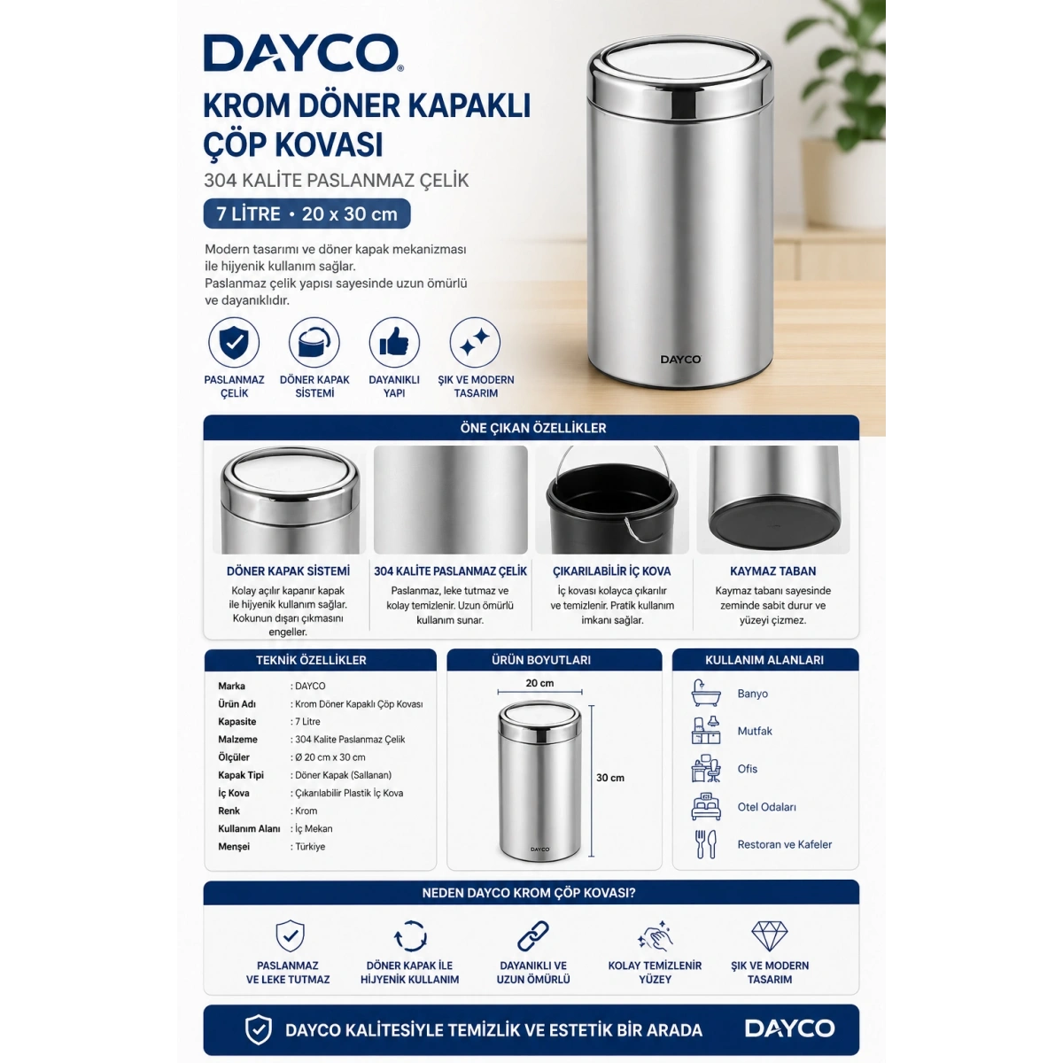 Dayco Krom 304 Kalite Döner Kapaklı Çöp Kovası 7 L 20*30 cm
