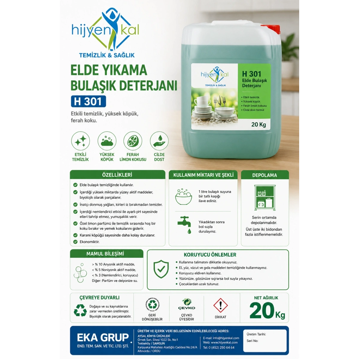 Hijyenkal Elde Yıkama Bulaşık Deterjanı H 301 20 Kg