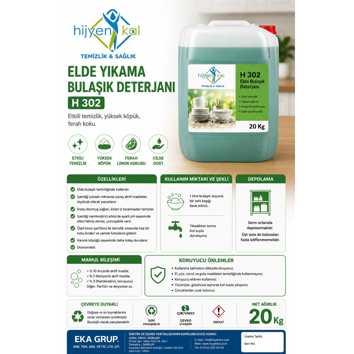Hijyenkal Elde Yıkama Bulaşık Deterjanı H 302 20 Kg