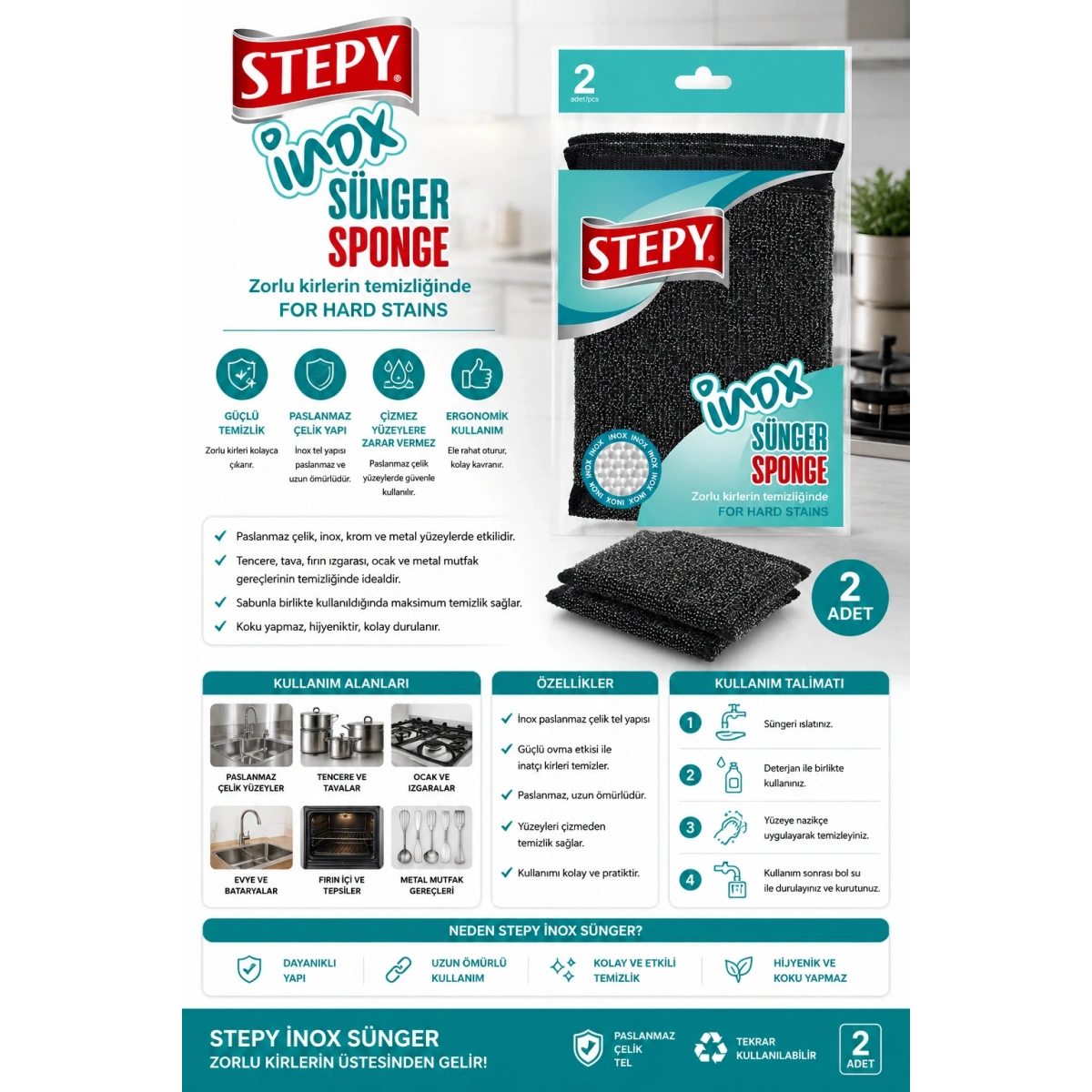 Stepy İnox Paslanmaz Çelik Yüzey Bulaşık Süngeri 2li