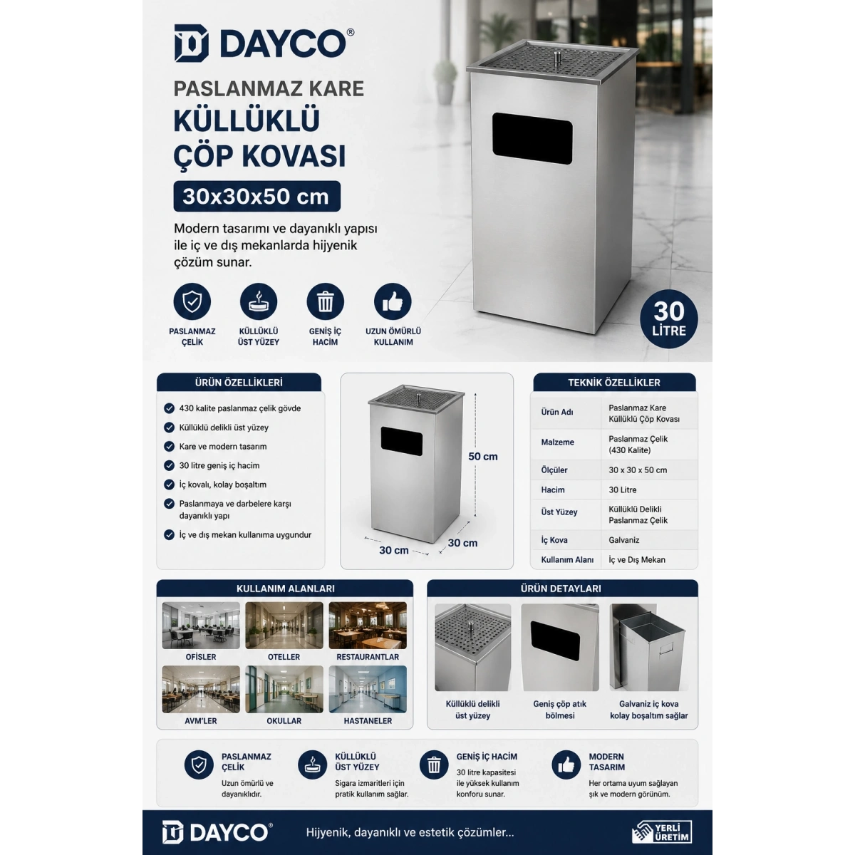 Dayco Paslanmaz Kare 430 Kalite Küllüklü Çöp Kovası 30x30x50 cm