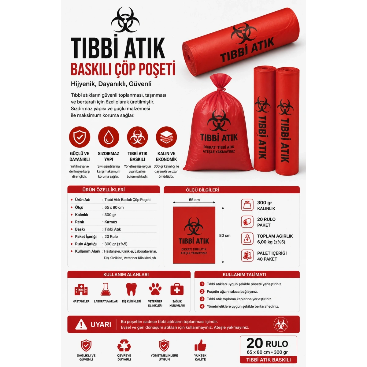 Tıbbi Atık Baskılı Çöp Poşeti 65x80 cm 300 gr 20 Rulo