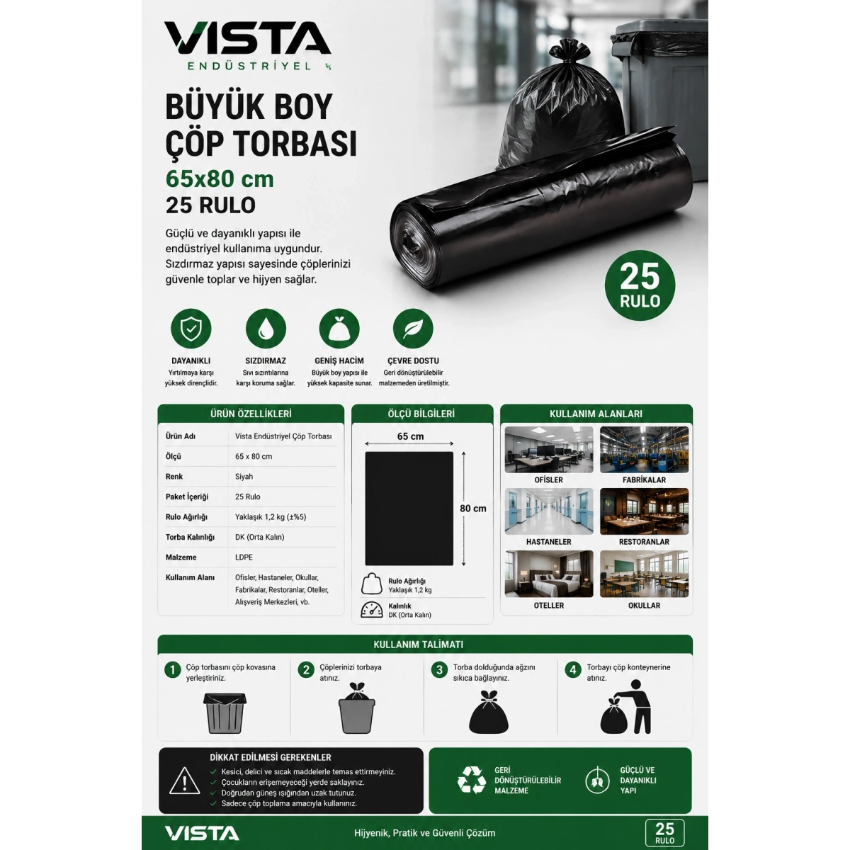 Vista Endüstriyel Büyük Boy Çöp Torbası 65x80 cm 25 Rulo