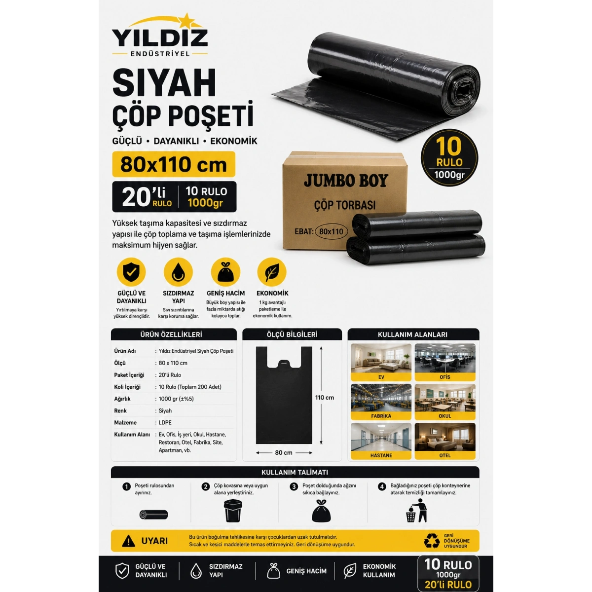 Yıldız Endüstriyel Siyah Çöp Poşeti 80x110 cm 20li 10 Rulo 1000 gr