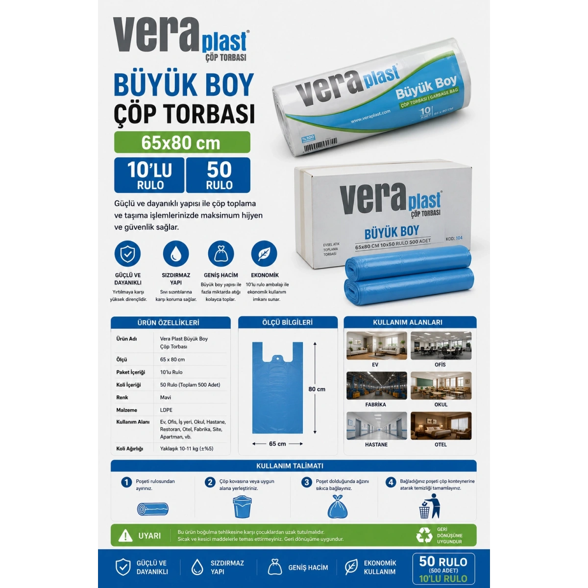 Vera Plast Büyük Boy Mavi Çöp Poşeti 65x80 cm 10 lu 50 rulo