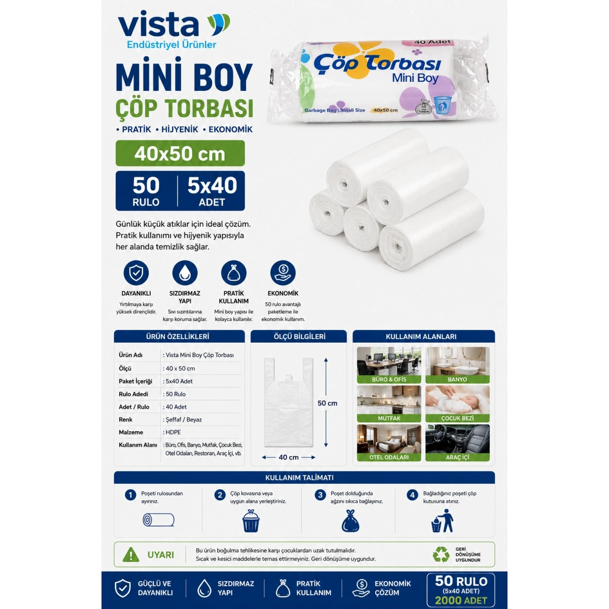 Vista Mini Boy Çöp Torbası 40x50 cm 50 Rulo