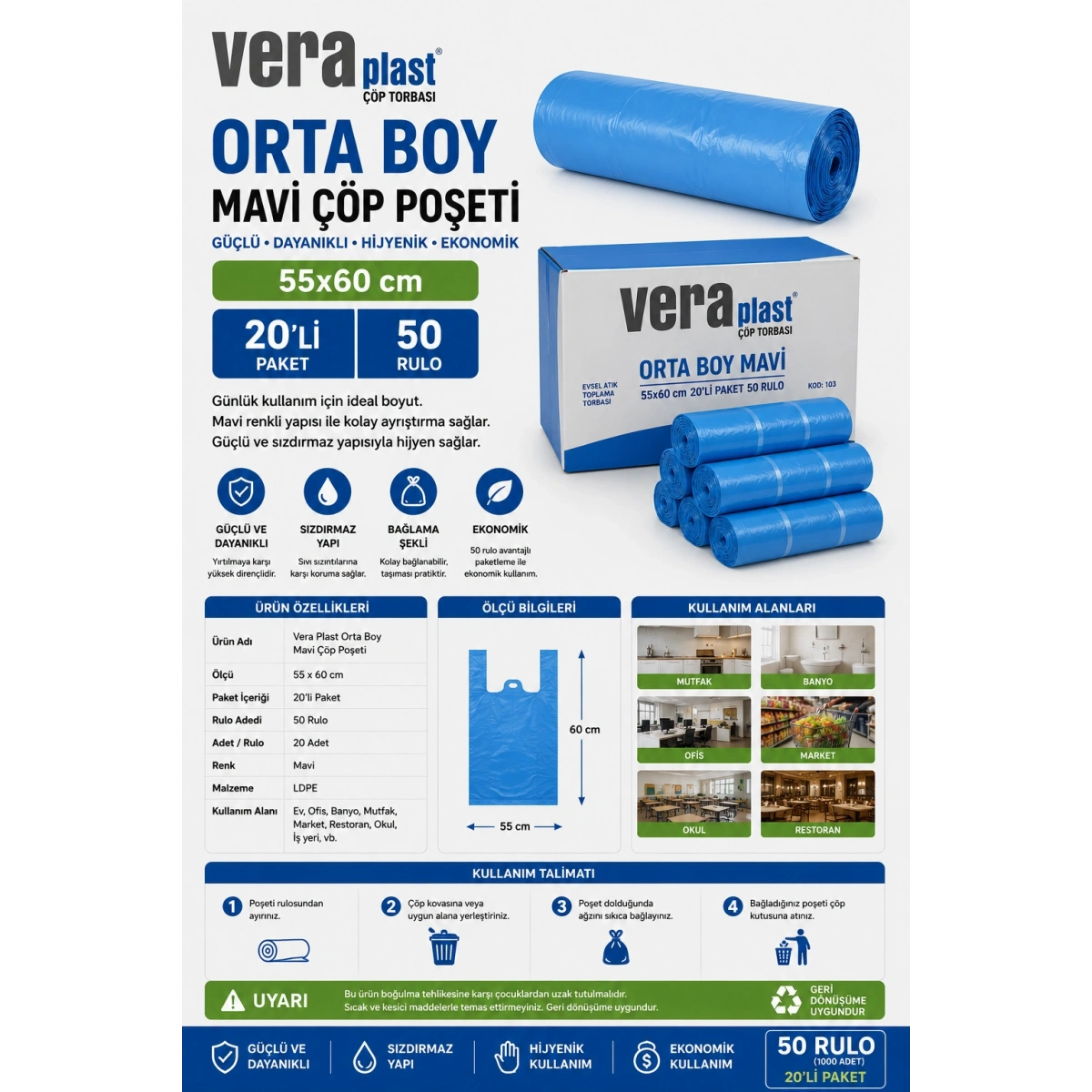 Vera Plast Orta Boy Mavi Çöp Poşeti 55x60 cm 20 li 50 Rulo