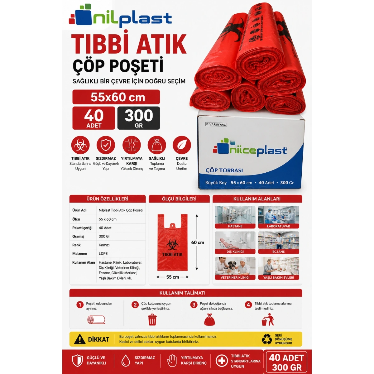 Nilplast 55x60 Tıbbi Atık Çöp Poşeti 40 Adet 300 Gr