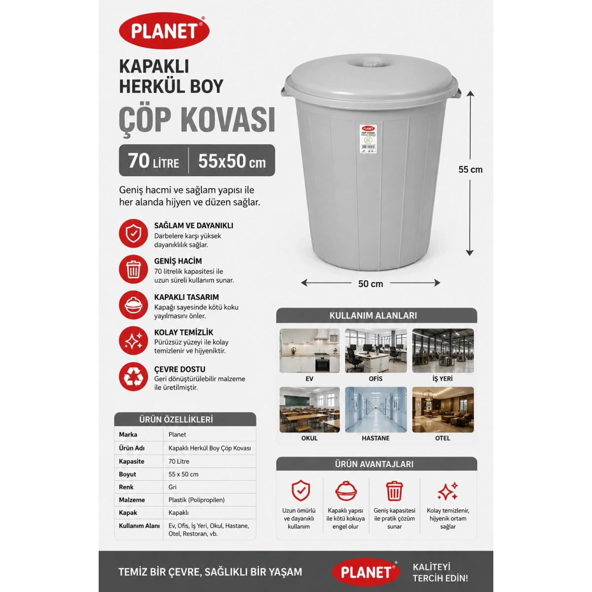 Planet Kapaklı Herkül Boy Gri Çöp Kovası 70 L 55x50 cm