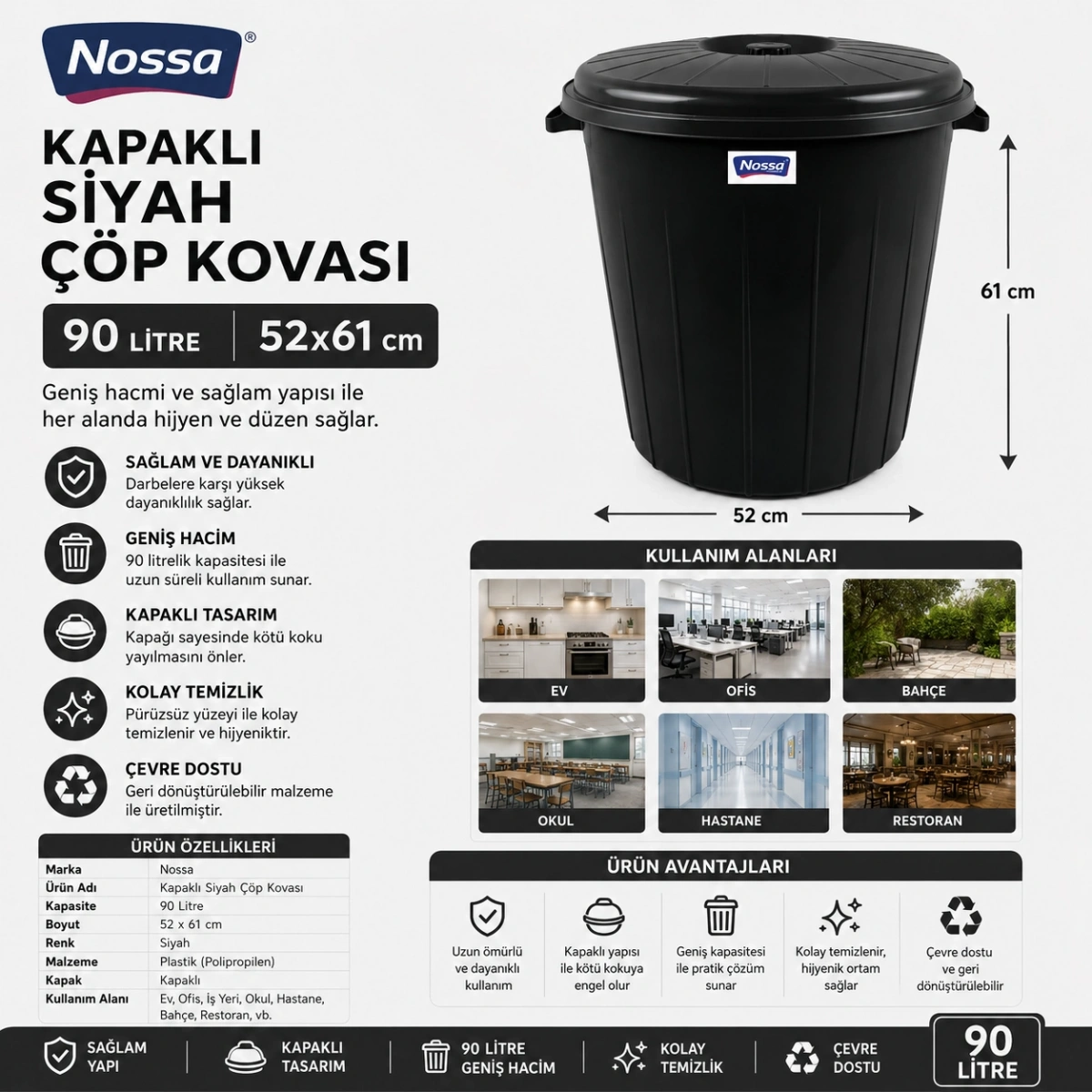 Kapaklı Siyah Çöp Kovası 90 Lt 52x61 cm