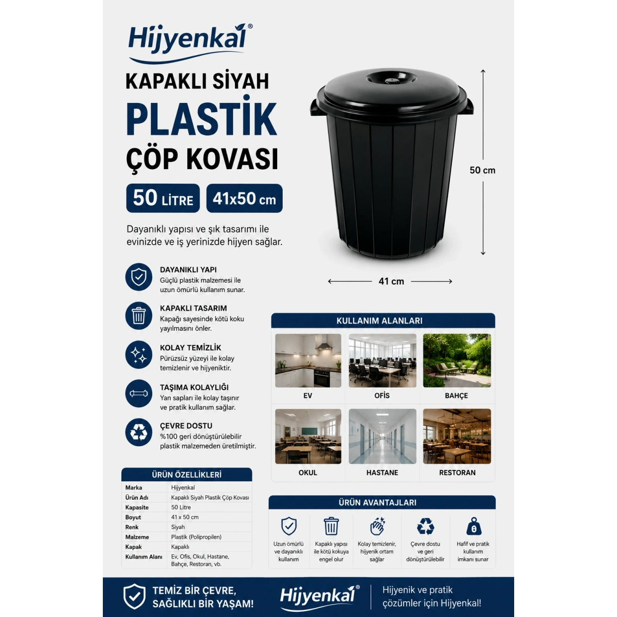 Kapaklı Siyah Plastik Çöp Kovası 50 L 41x50 cm