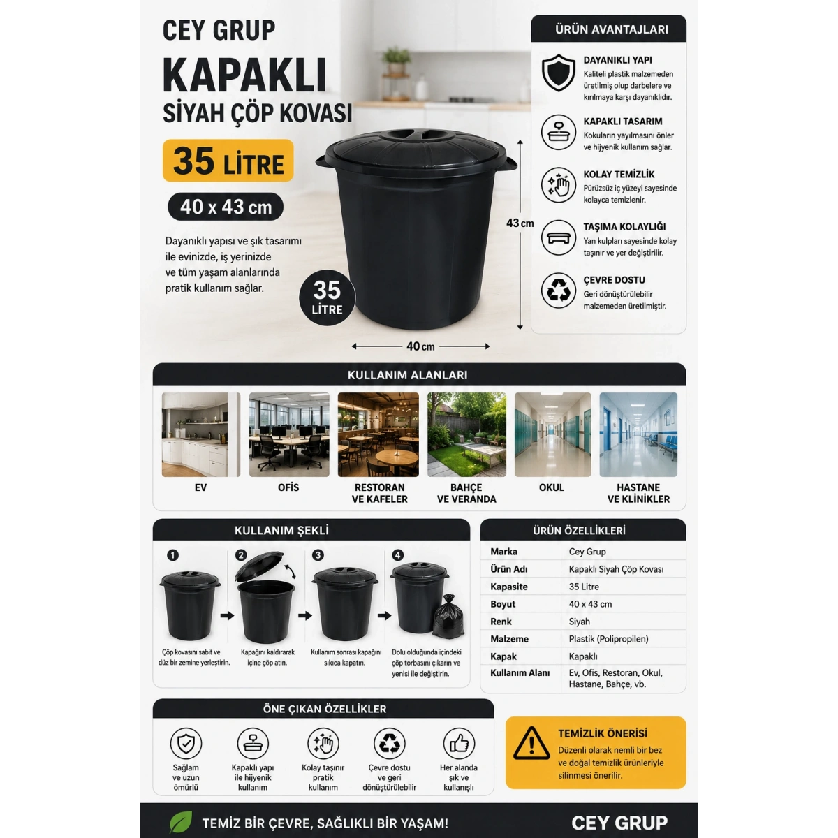 Cey Grup Kapaklı Siyah Çöp Kovası 35 L 40x43 cm