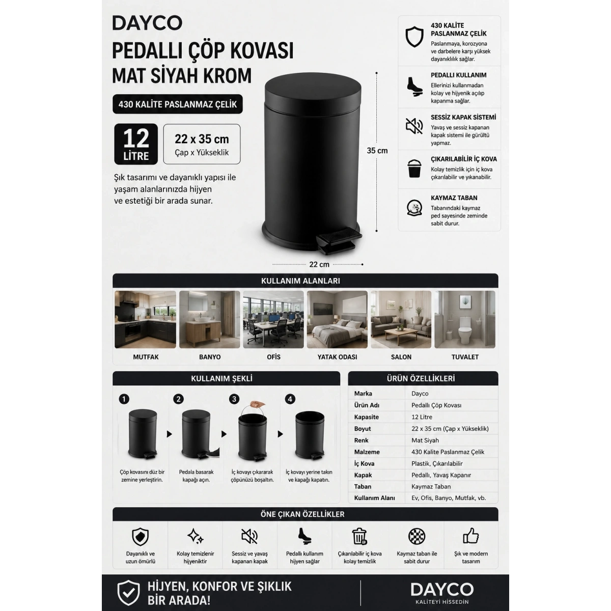 Dayco Pedallı Mat Siyah Krom Çöp Kovası 430 Kalite 12 L 22x35 cm