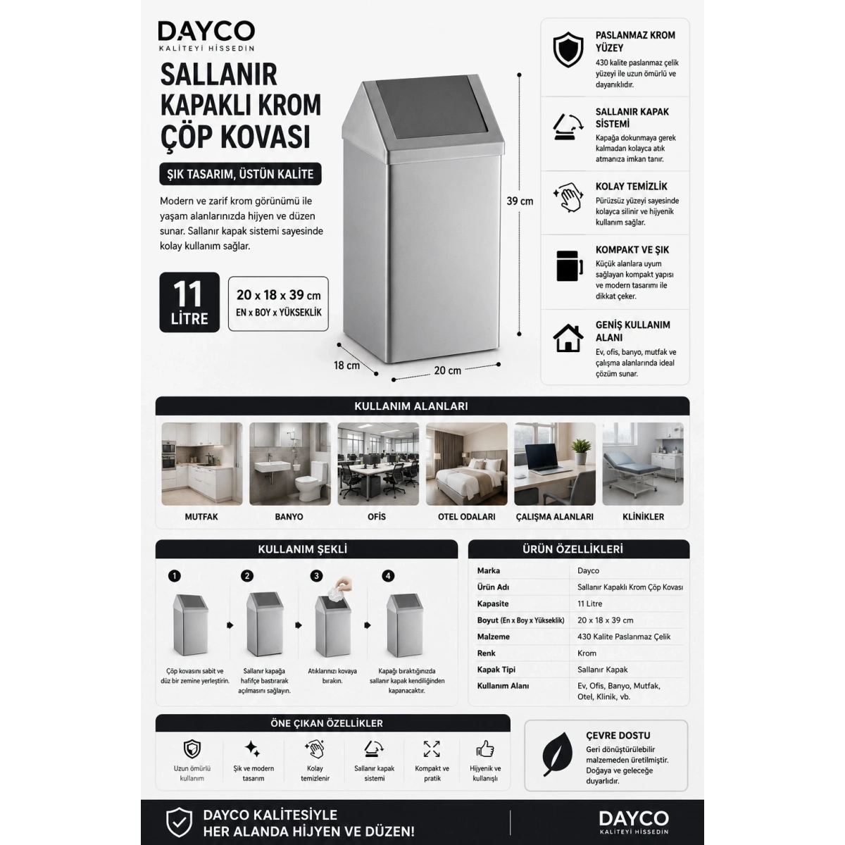 Dayco Sallanır Kapaklı Krom Çöp Kovası 11 L 20x18x39 cm