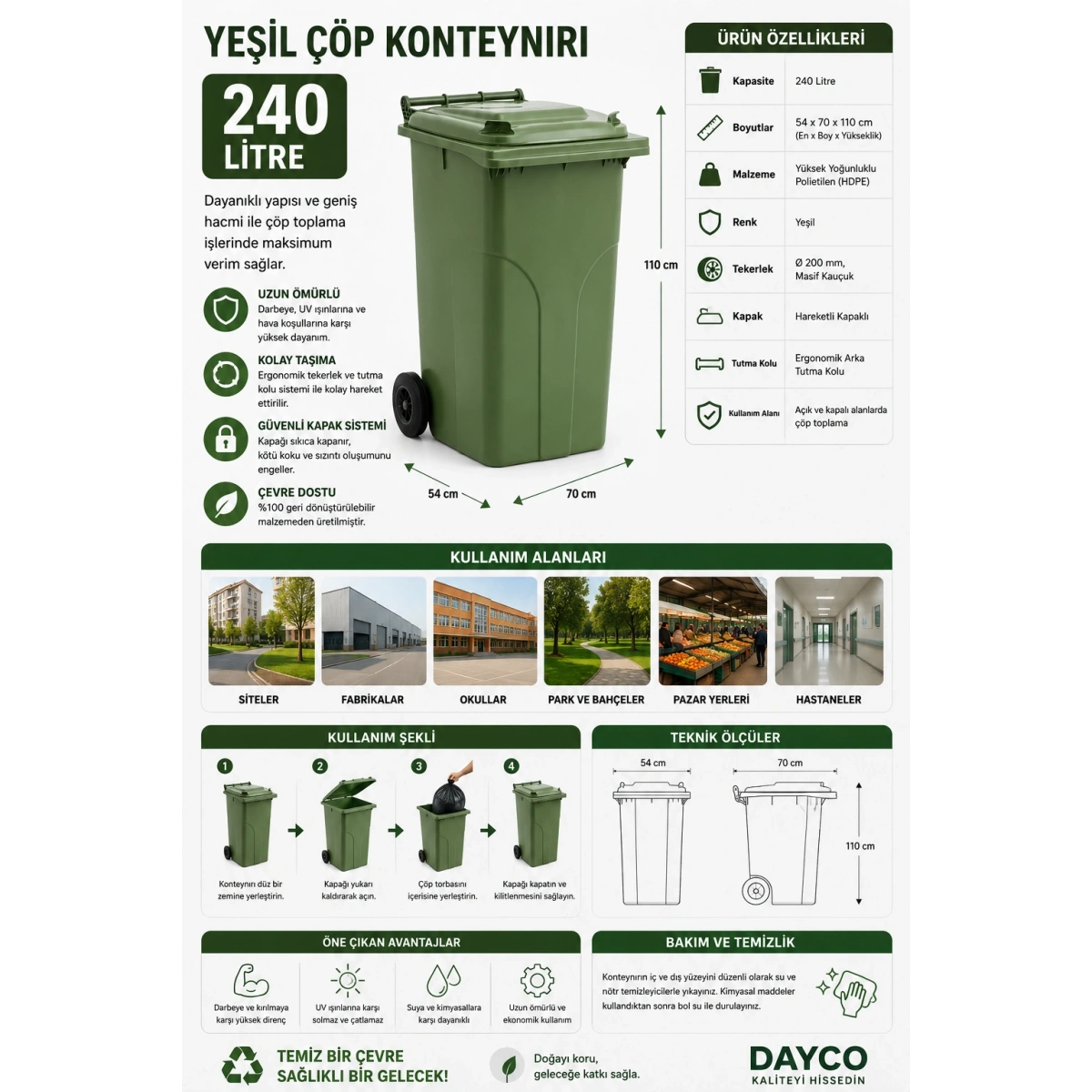 Yeşil Çöp Konteynırı 240 L 54x70x110 cm