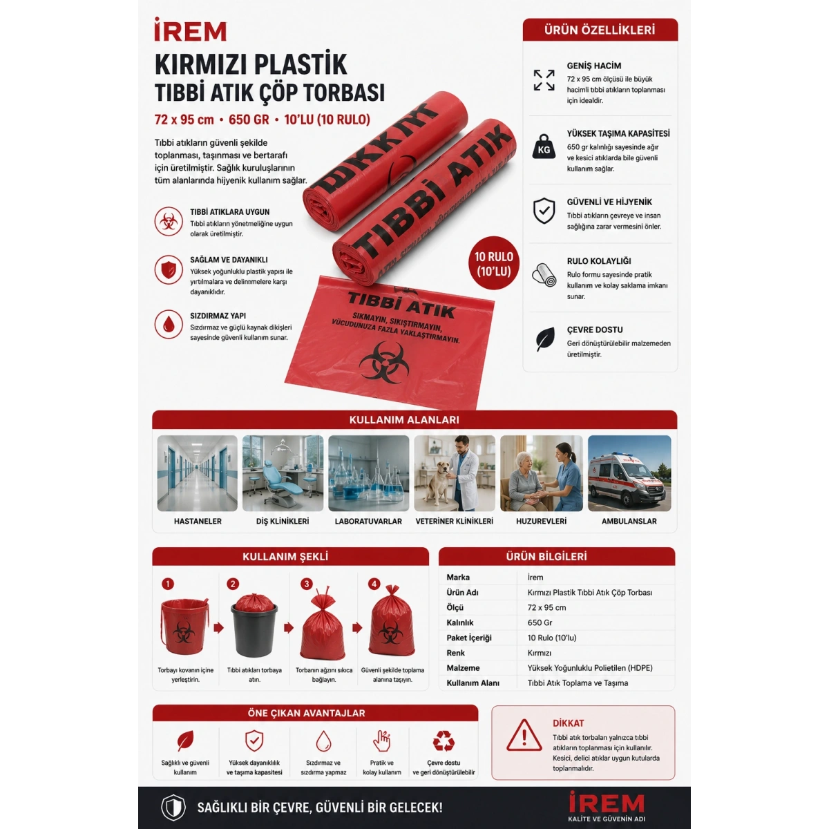 İrem Kırmızı Plastik Tıbbi Atık Çöp Torbası 72x95 cm 650 Gr 10lu 10 Rulo