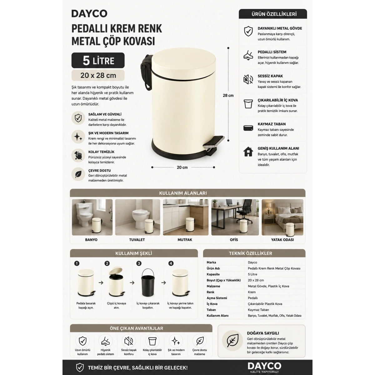 Dayco Pedallı Krem Renk Metal Çöp Kovası 5 L 20x28 cm