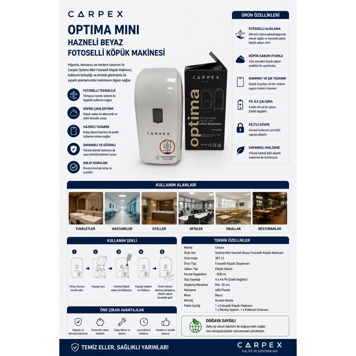 Carpex Optima Mini Hazneli Beyaz Fotoselli Köpük Makinesi