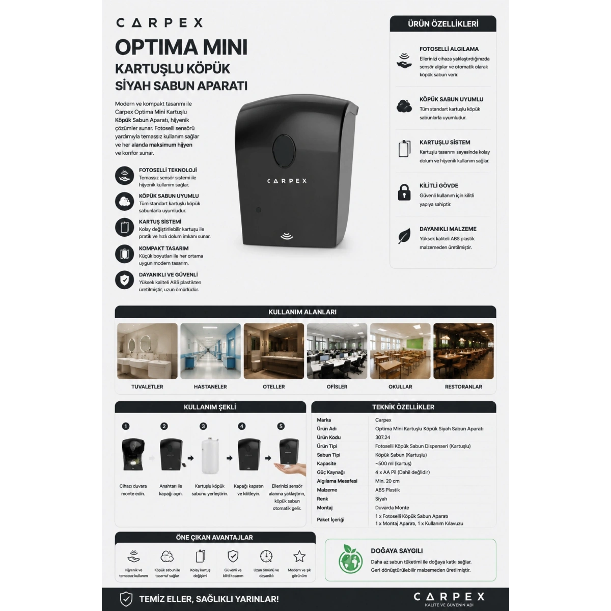 Carpex Optima Mini Kartuşlu Köpük Siyah Sabun Aparatı