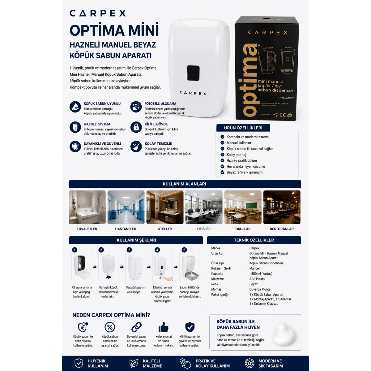 Carpex Optima Mini Hazneli Manuel Beyaz Köpük Sabun Aparatı