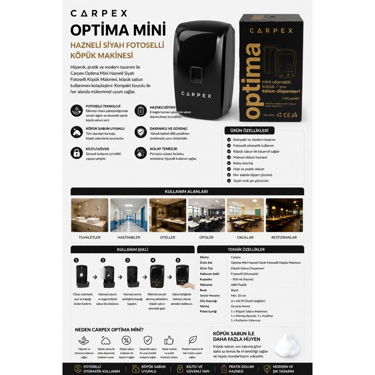 Carpex Optima Mini Hazneli Siyah Fotoselli Köpük Makinesi