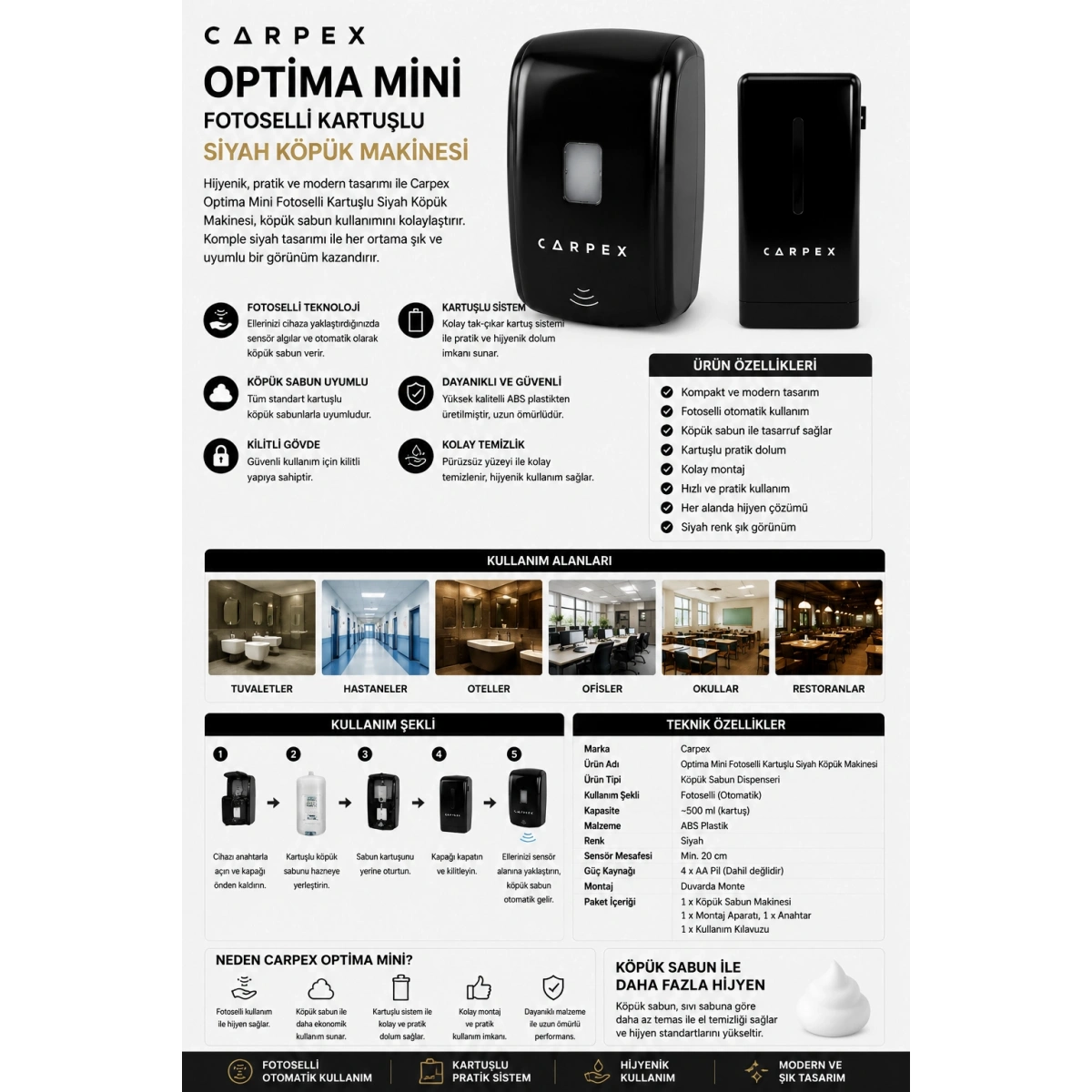 Carpex Optima Mini Fotoselli Kartuşlu Siyah Köpük Makinesi