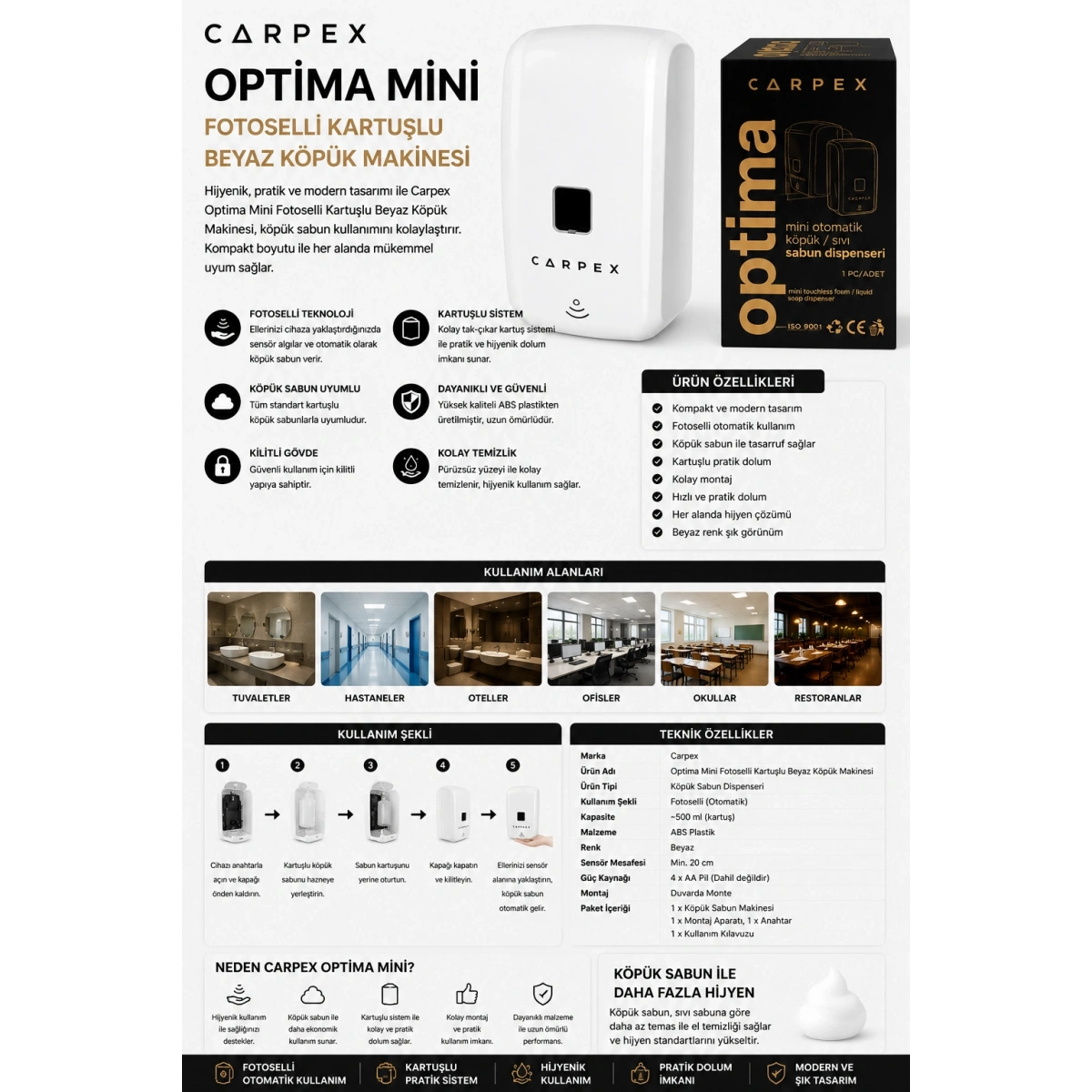 Carpex Optima Mini Fotoselli Kartuşlu Beyaz Köpük Makinesi