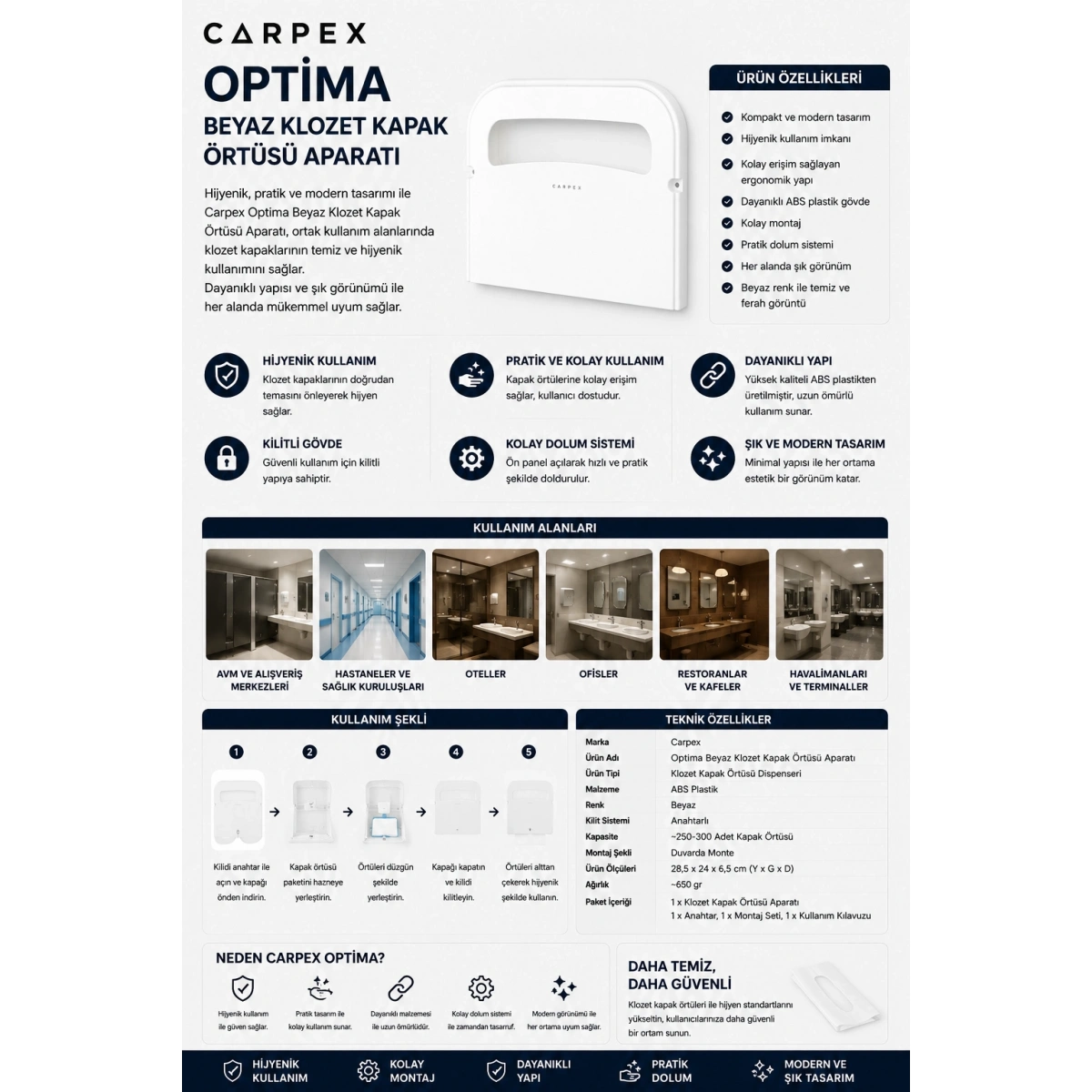 Carpex Optima Beyaz Klozet Kapak Örtüsü Aparatı
