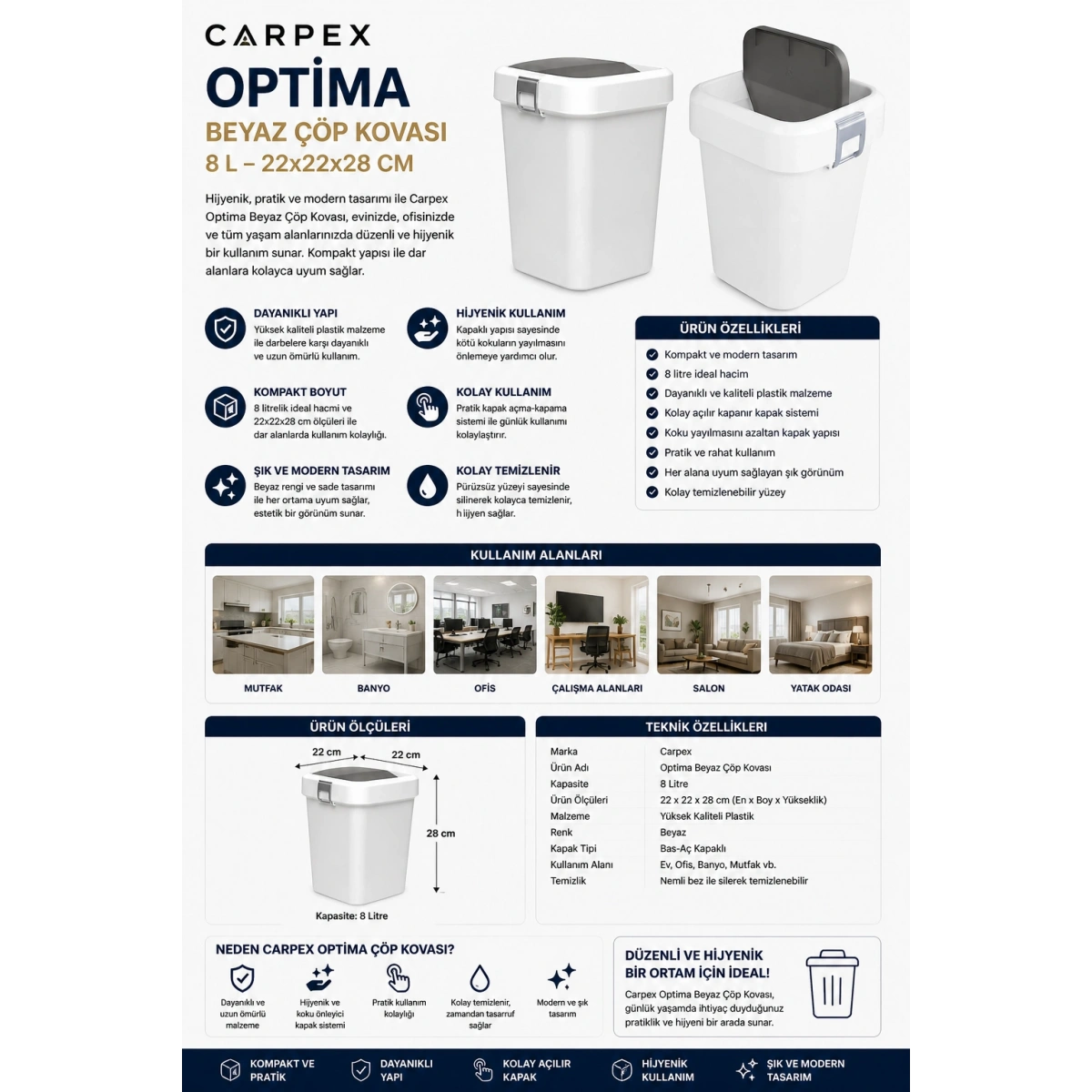 Carpex Optima Beyaz Çöp Kovası 8 L 22x22x28 cm