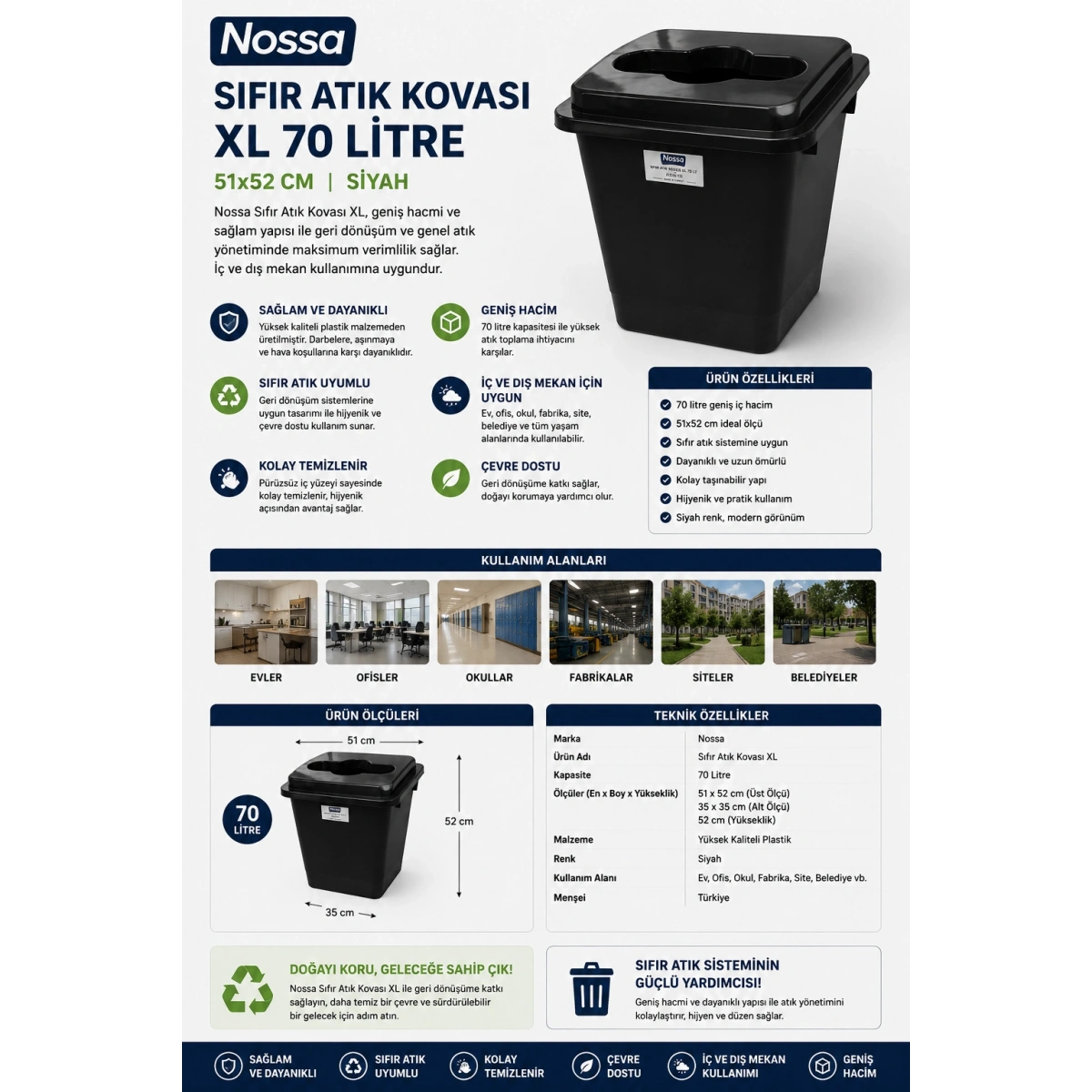 Nossa Siyah Sıfır Atık Kovası XL 51x52 cm 70 Lt