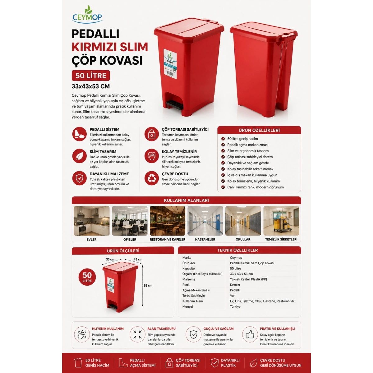 Ceymop Pedallı Kırmızı Slim Çöp Kovası 50 L 33x43x53 cm