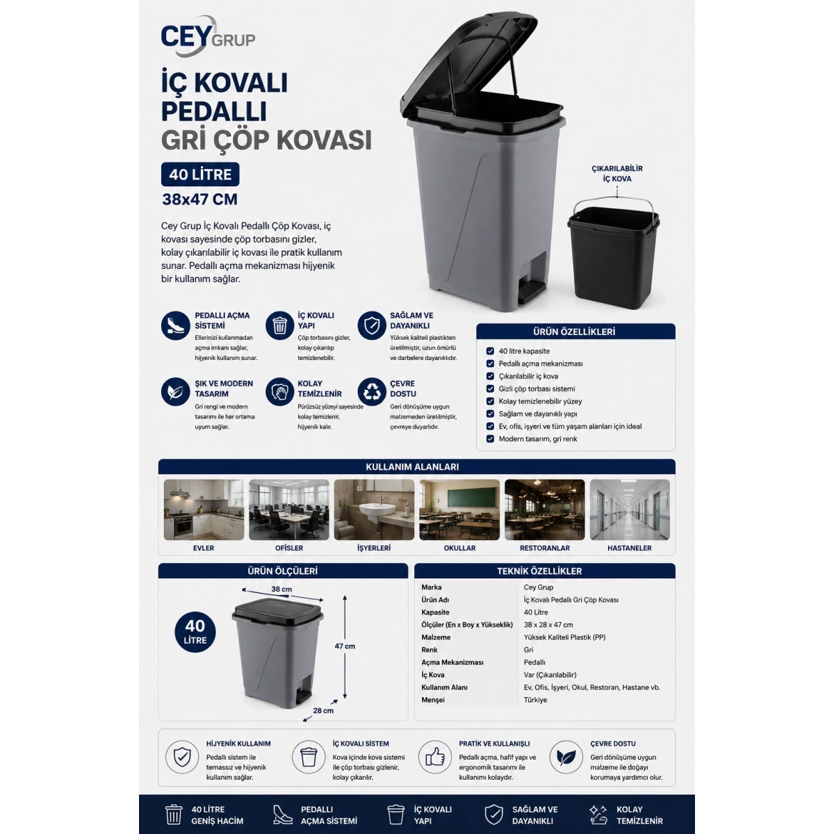Cey Grup İç Kovalı Pedallı Gri Çöp Kovası 40 L 38x47 cm