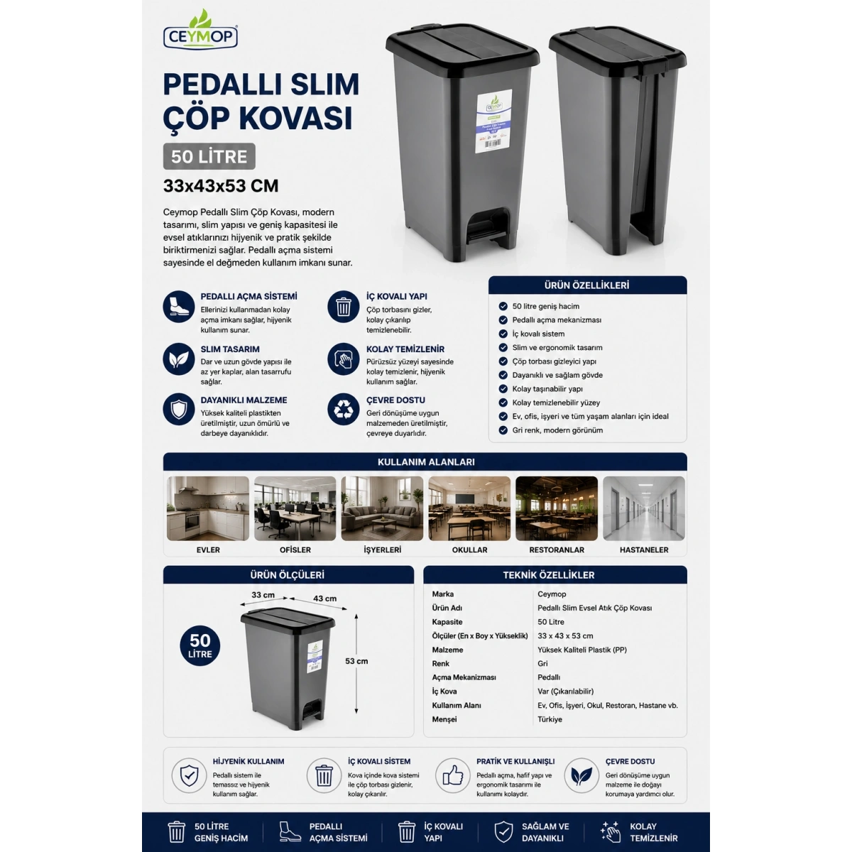 Ceymop Pedallı Slim Evsel Atık Çöp Kovası 50 L 33x43x53 cm