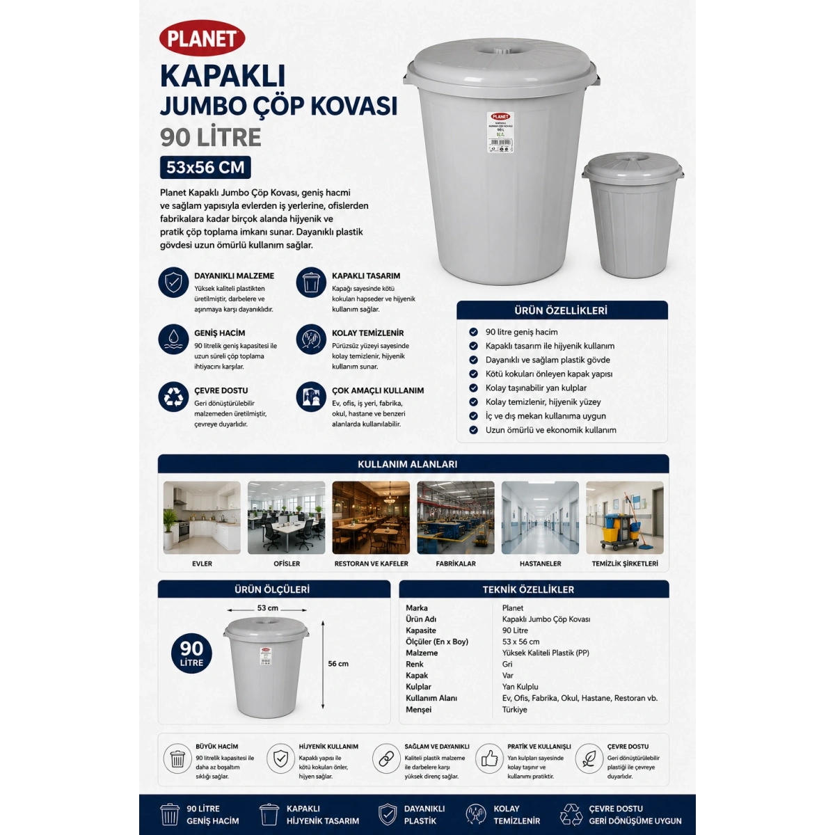 Planet Kapaklı Jumbo Boy Gri Çöp Kovası 90 L 53x56 cm