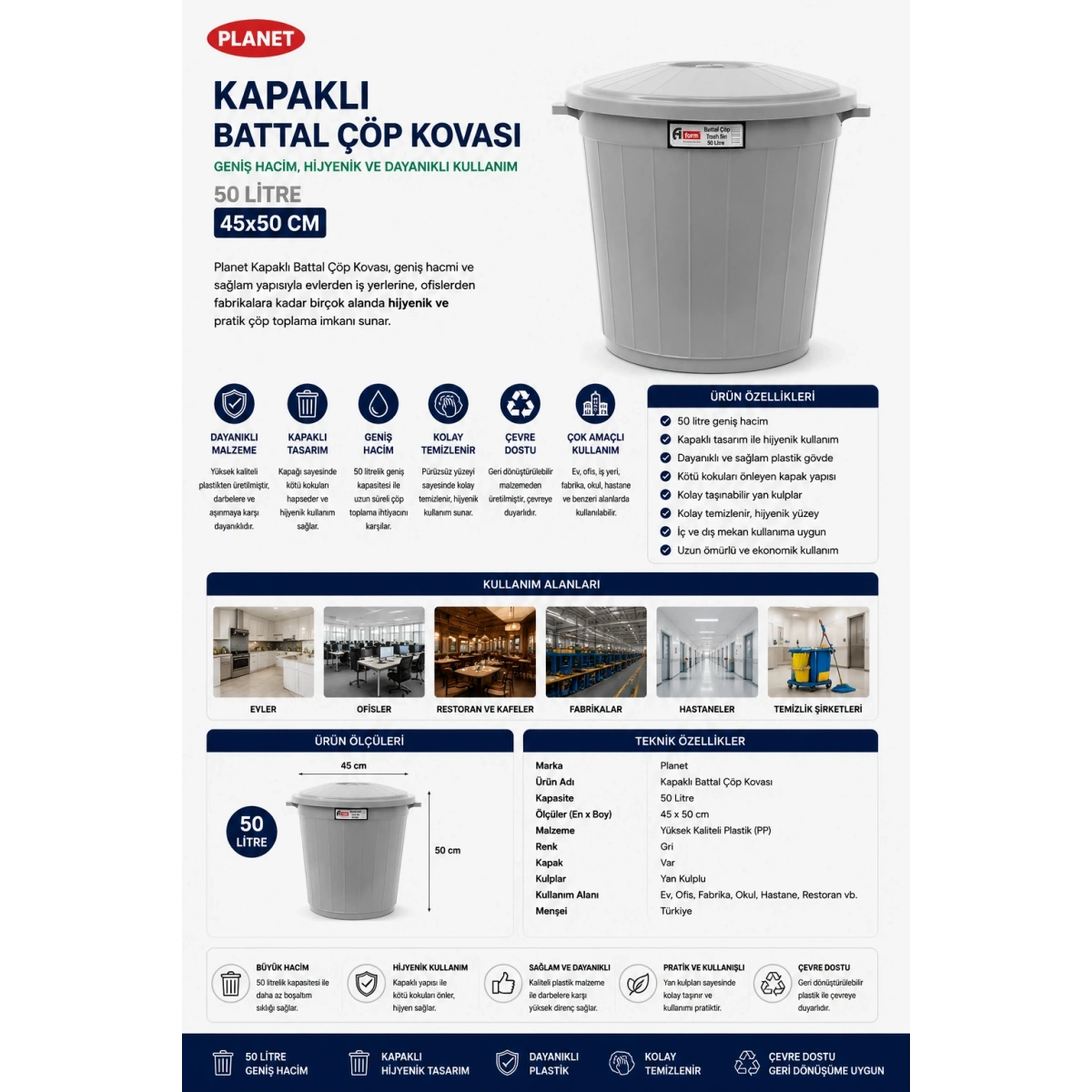 Planet Kapaklı Battal Boy Gri Çöp Kovası 50 L 45x50 cm