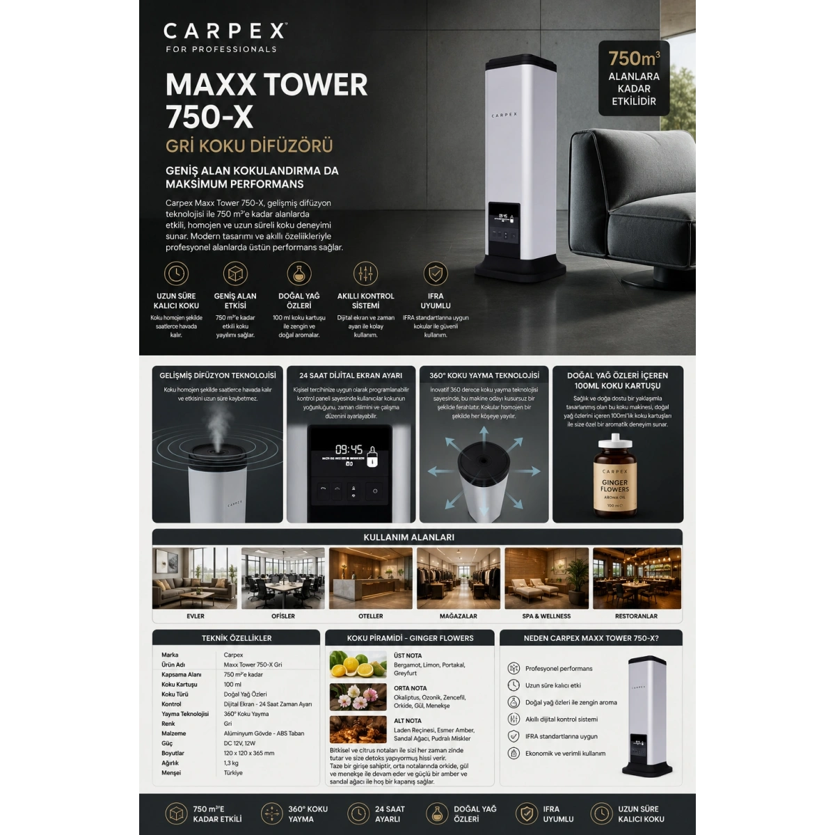 Carpex Maxx Gri Koku Difüzörü Tower 750-X