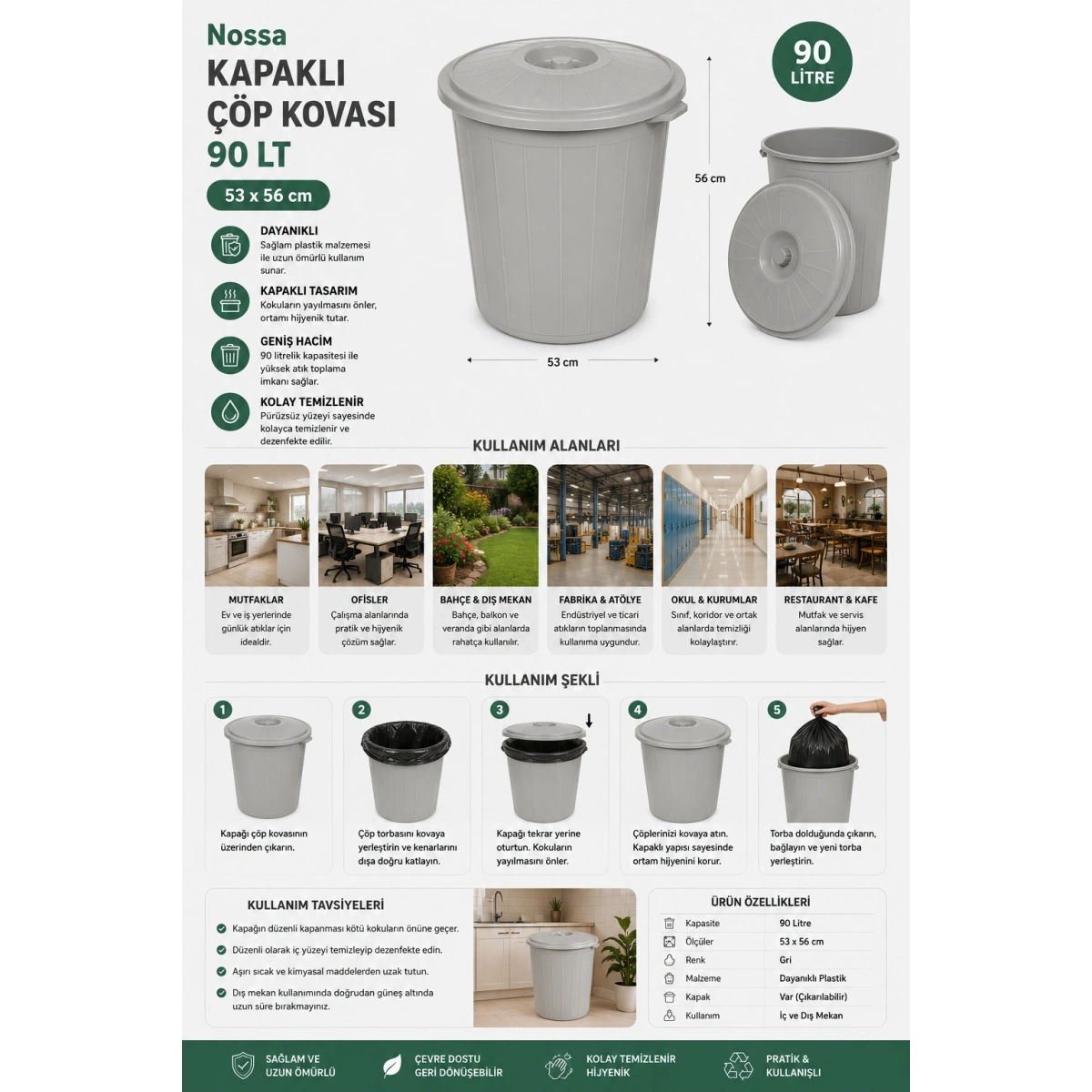 Nossa  Kapaklı Gri Çöp Kovası 90 Lt 53x56 cm