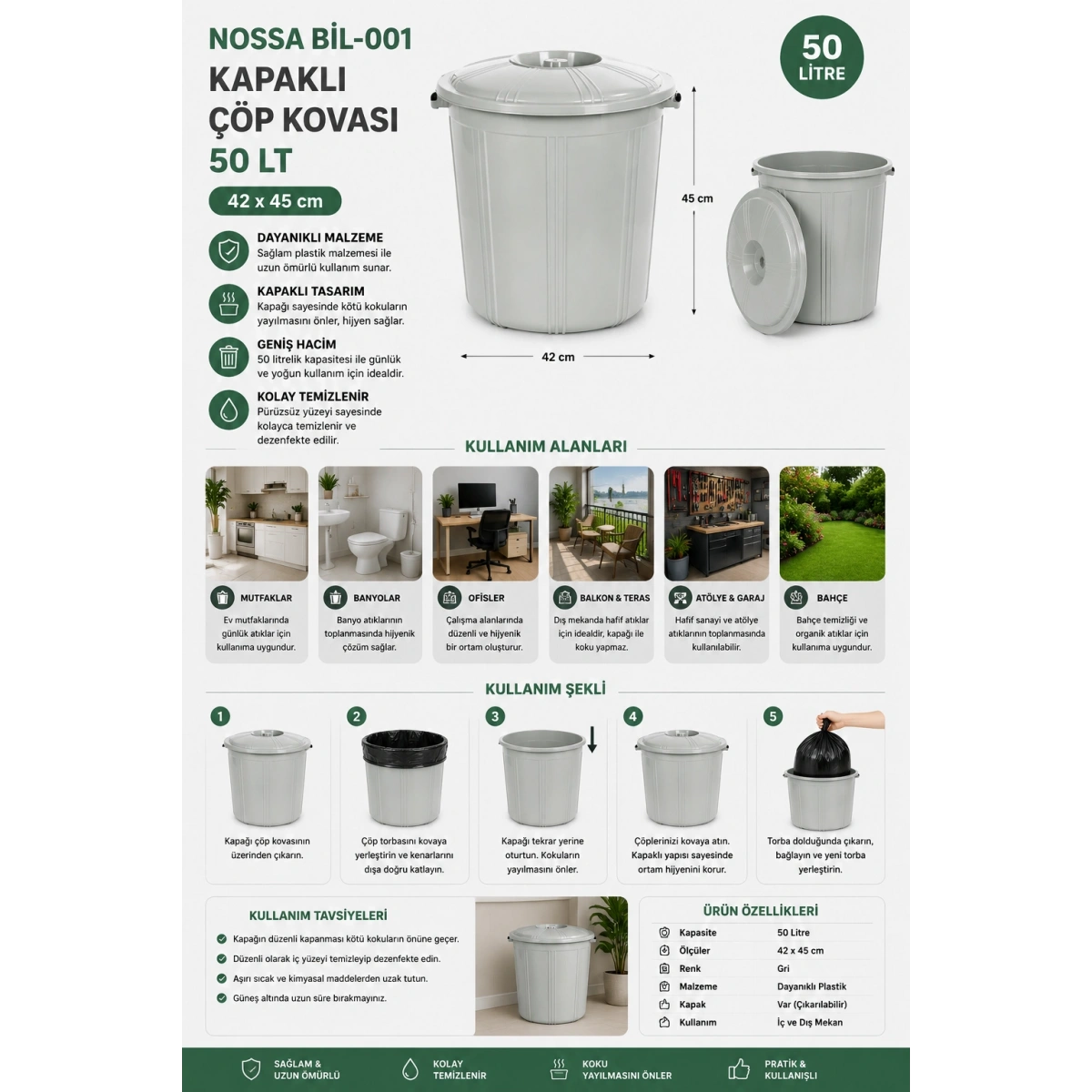 Nossa BİL-001 Kapaklı Gri Çöp Kovası 50 Lt 42x45 cm