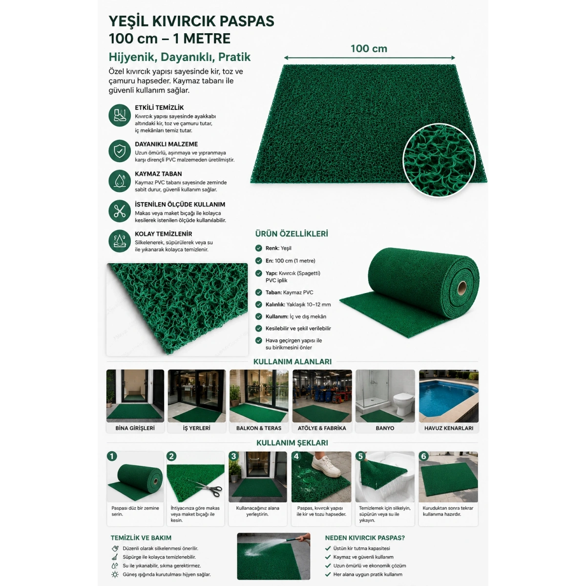 Yeşil Kıvırcık Paspas 100 cm 1 metre