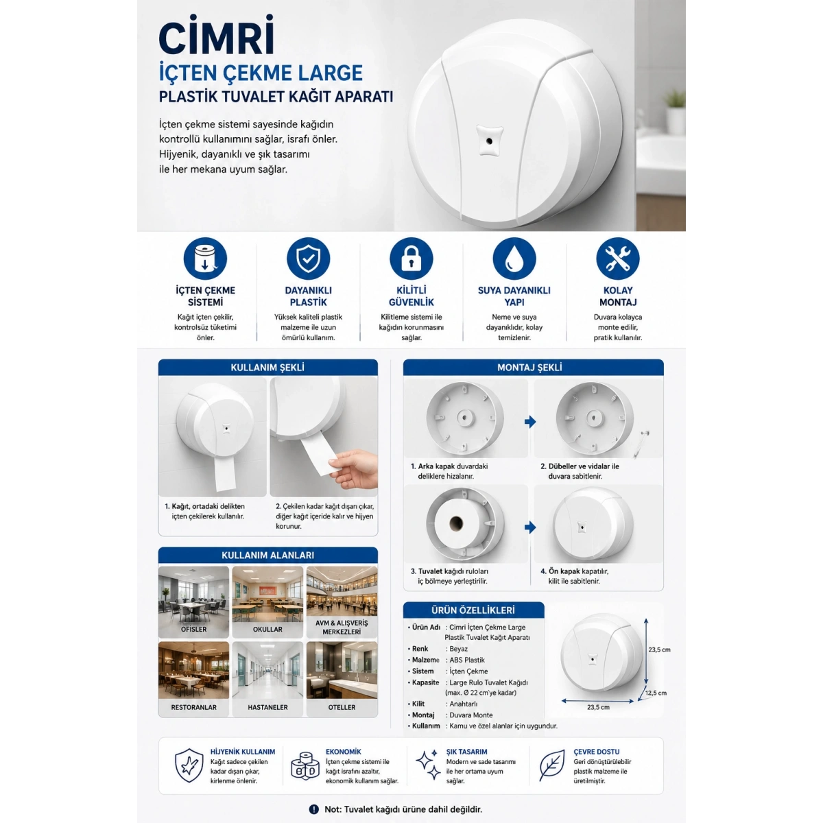 Cimri İçten Çekme Large Plastik Tuvalet Kağıt Aparatı