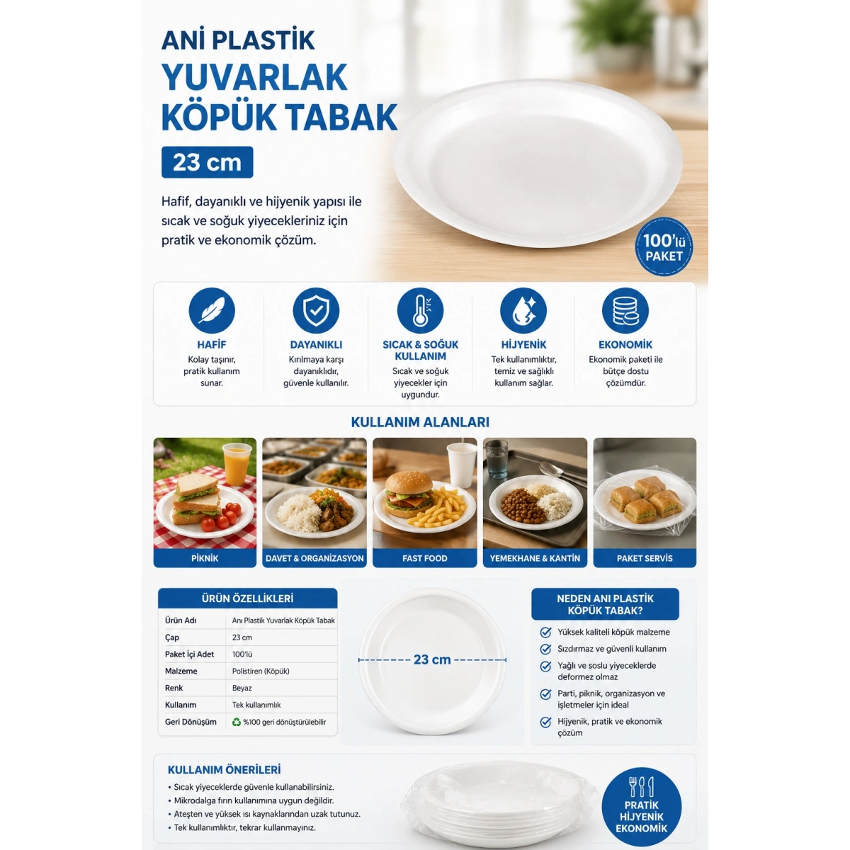 Anı Plastik Yuvarlak Köpük Tabak 23 cm 100lü