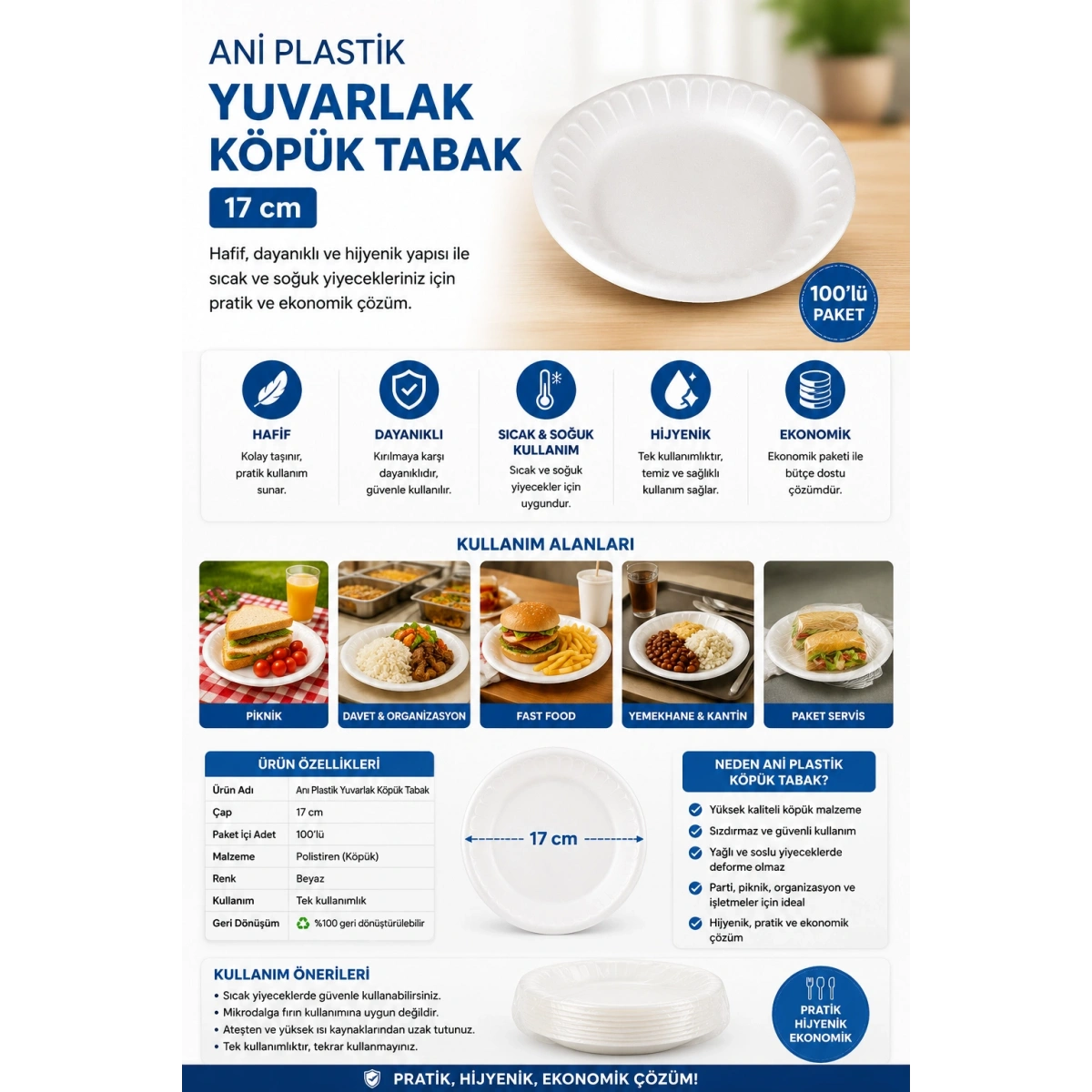Anı Plastik Yuvarlak Köpük Tabak 17 cm 100lü