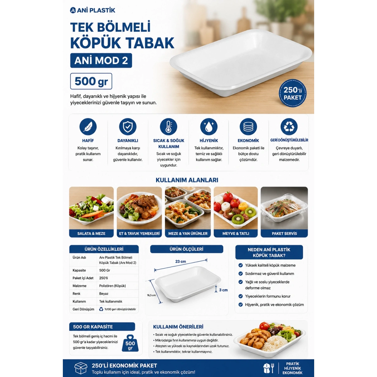 Anı Plastik Tek Bölmeli Köpük Tabak Anı Mod 2 500 Gr 250li