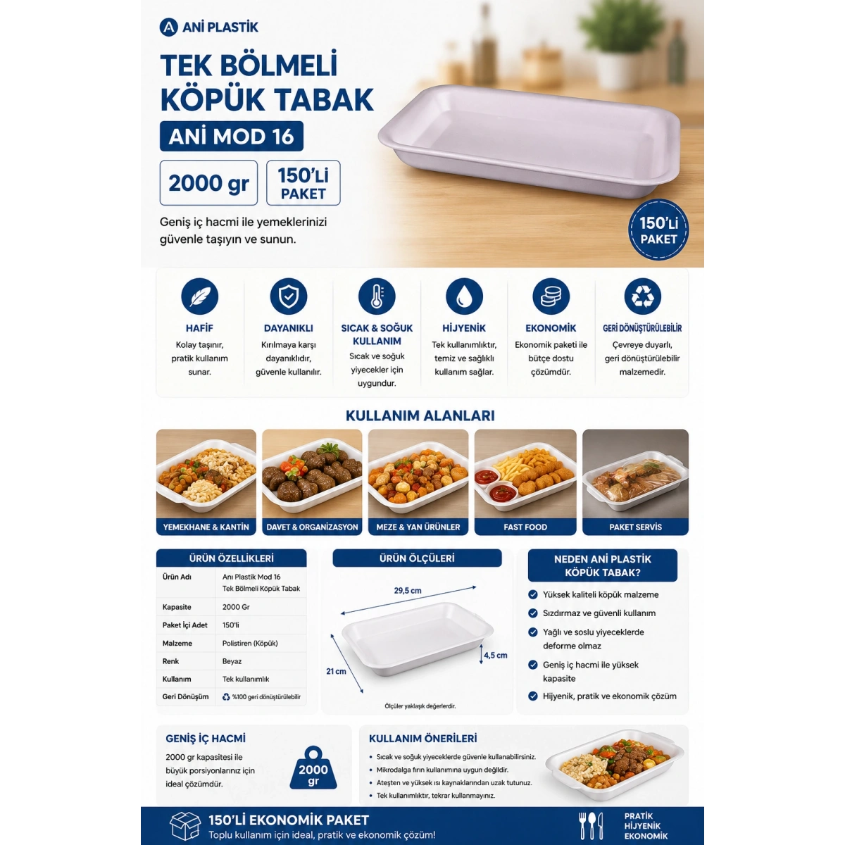Anı Plastik Mod 16 Tek Bölmeli Köpük Tabak 2000 Gr 150li