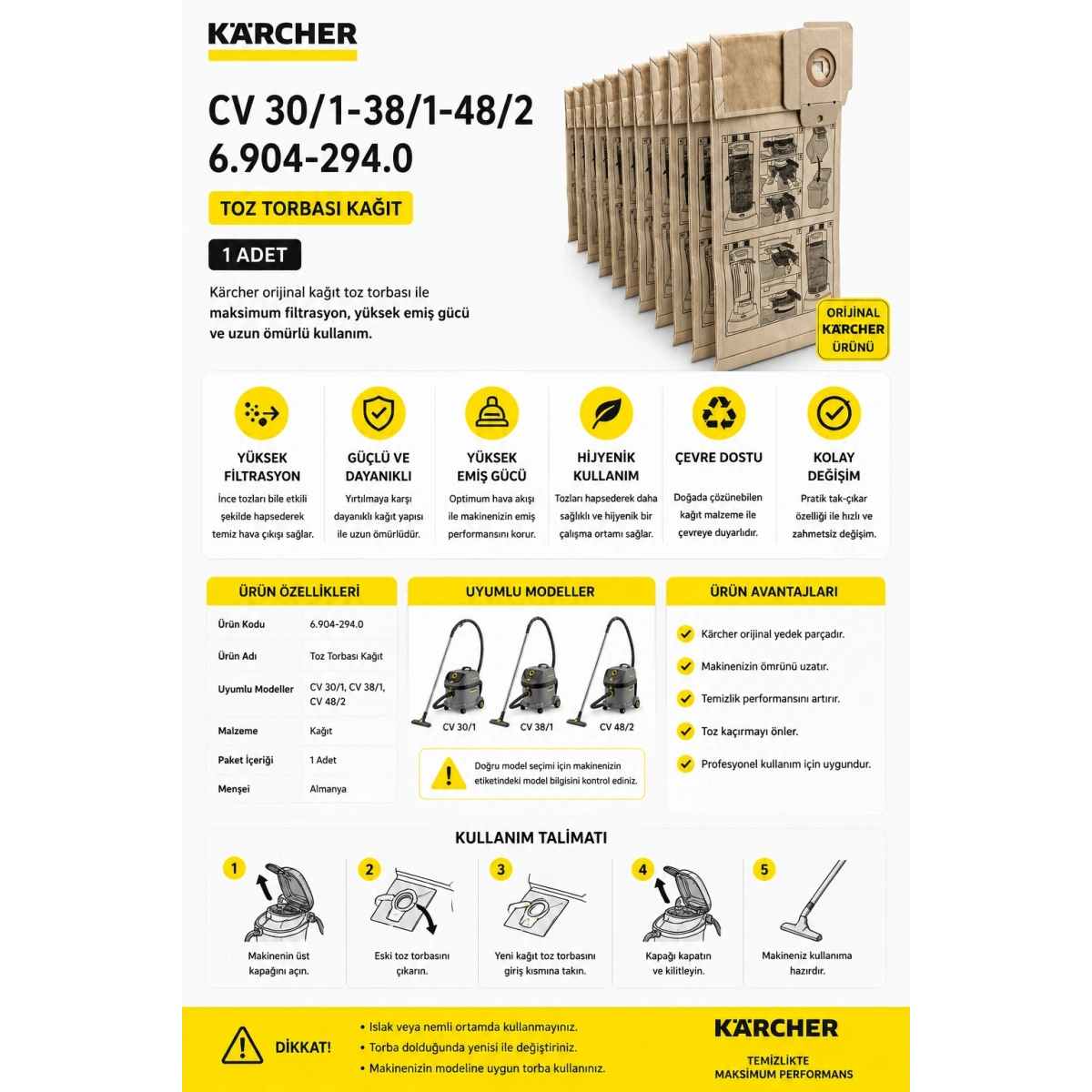 Karcher Cv 30-1-38-1-48-2 6.904-294.0 Toz Torbası Kağıt 1 Adet