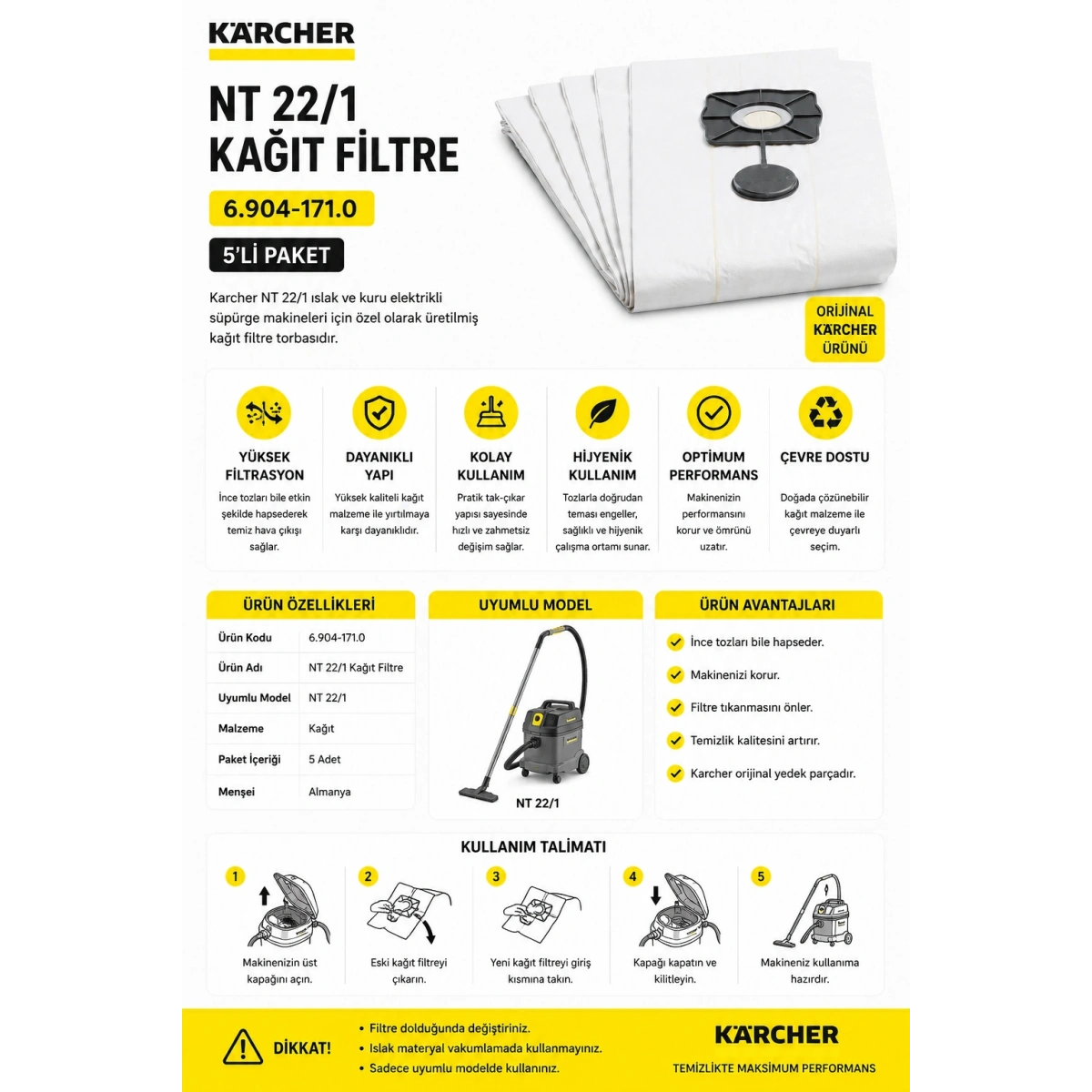 Karcher Nt 22-1 Kağıt Filtre 5li 6.904-171.0