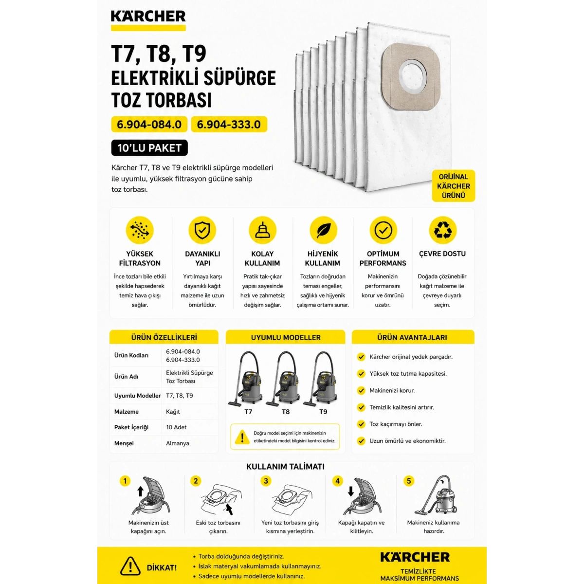Karcher (6.904-084.0)(6.904-333.0) T7,T8,T9 Elektrikli Süpürge Toz Torbası 10lu