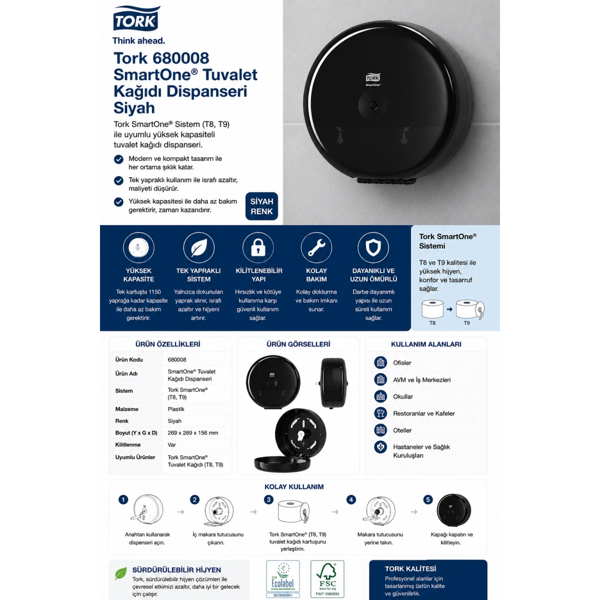 Tork 680008 Smartone Tuvalet Kağıdı Dispanseri Siyah