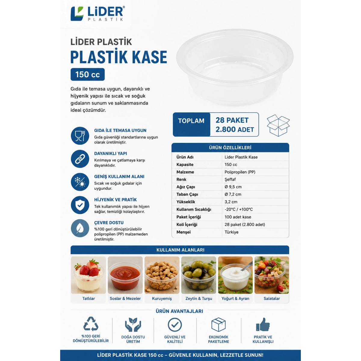 Ankara Lider Plastik Kase 150 cc 28 Paket 100lü 2800 Adet